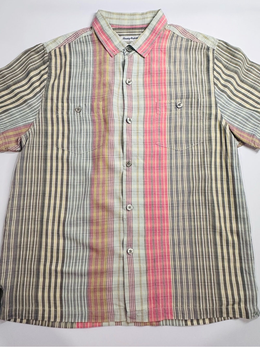 Tommy Bahama 100% Silk Plaid Striped Short Sleeve Shirt Pink Grey L